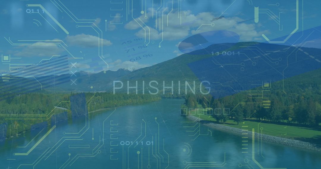 Digital Security Technology over Scenic Landscape with Phishing Warning
