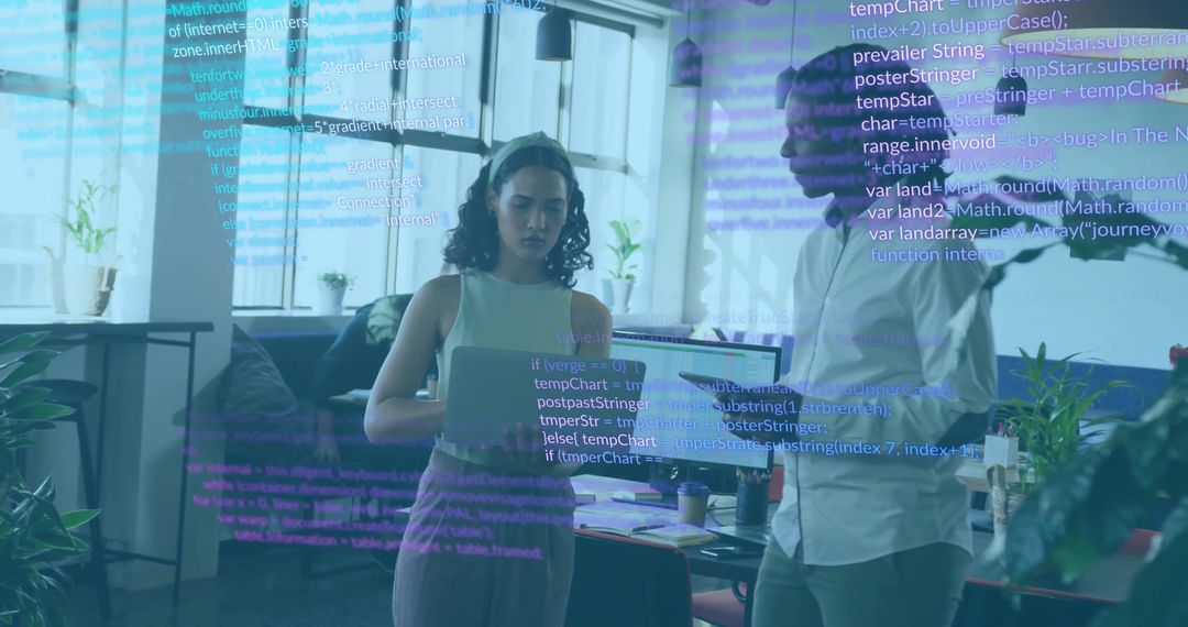 Colleagues Collaborating on Code in Modern Office