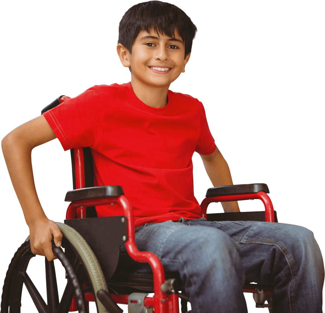 Smiling Boy in Red Shirt Sitting in Transparent Background Wheelchair