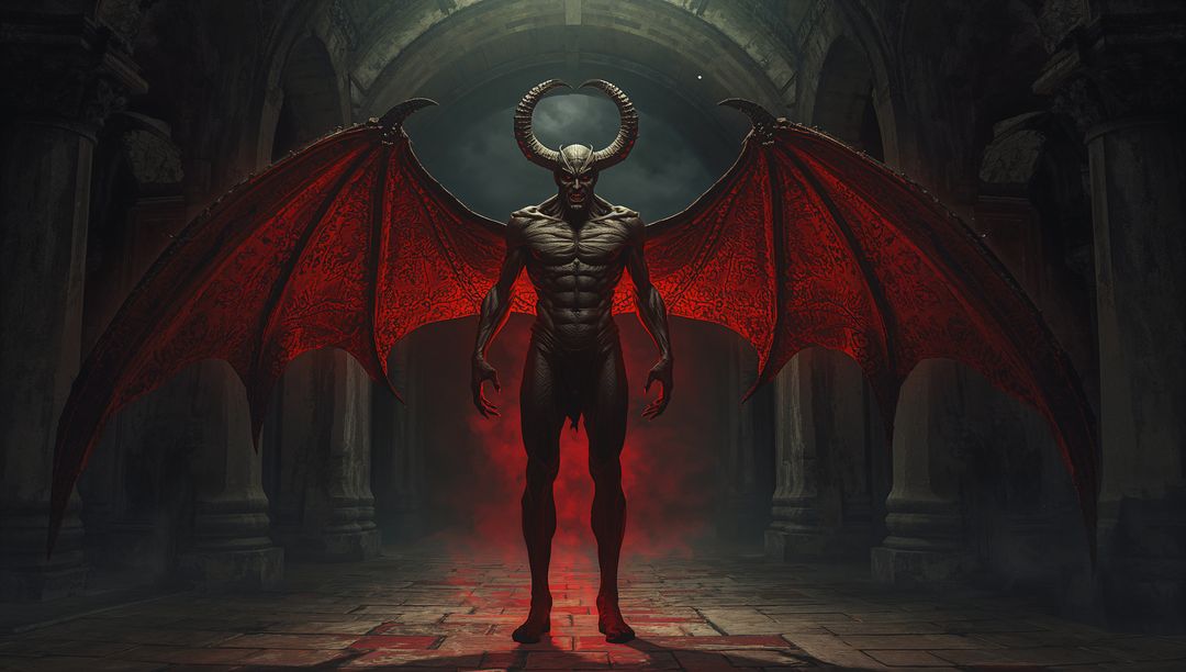 Horned Demonic Figure with Wings in Ancient Hall