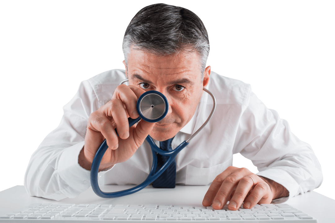 Transparent Businessman Using Stethoscope Technology