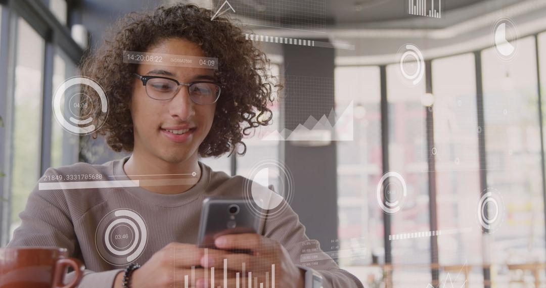Smiling Young Man Interacting with Futuristic Smartphone Interface