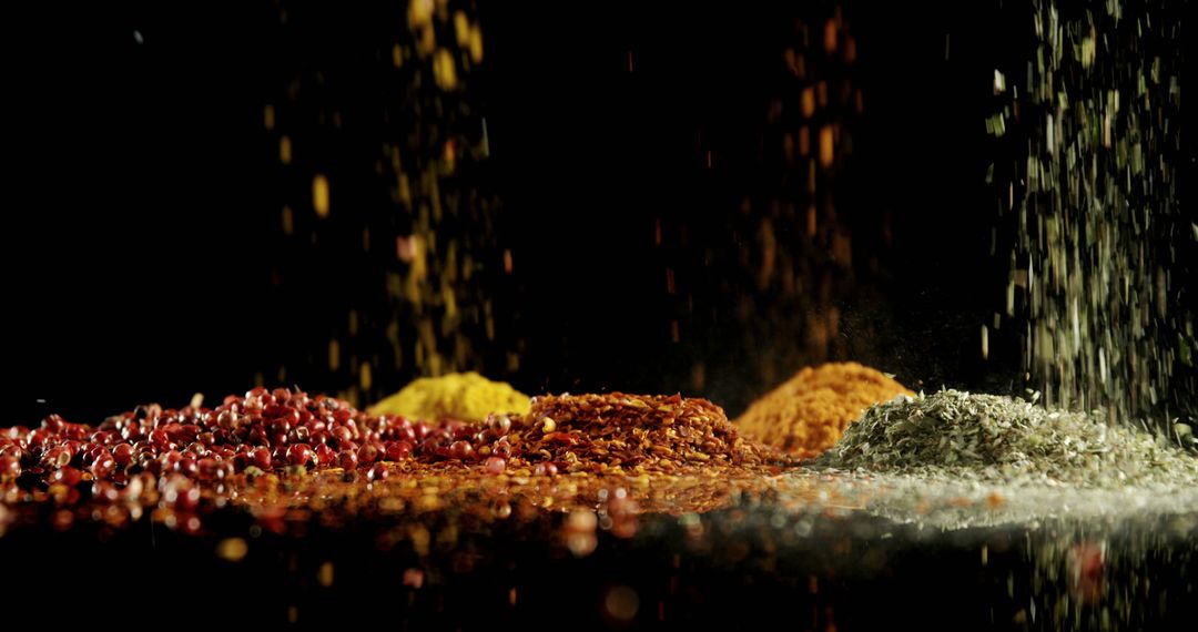 Assorted Spices Pouring and Falling Against Black Background - Free Images, Stock Photos and Pictures on Pikwizard.com