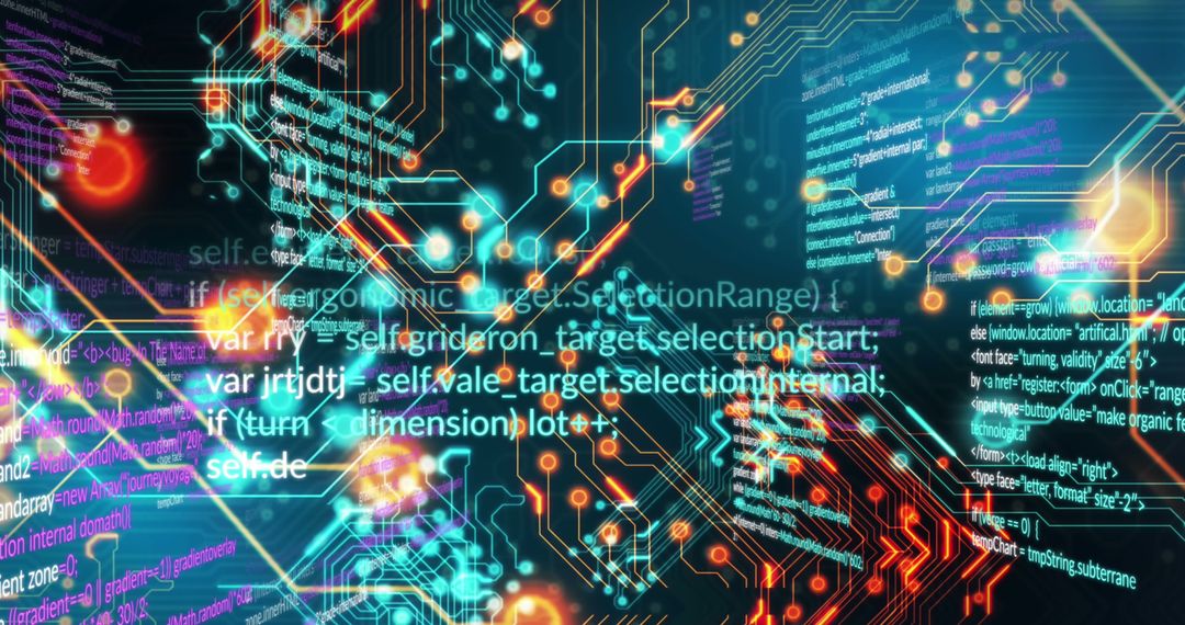 Futuristic Circuit Board with Coding Overlay and Holographic Effects