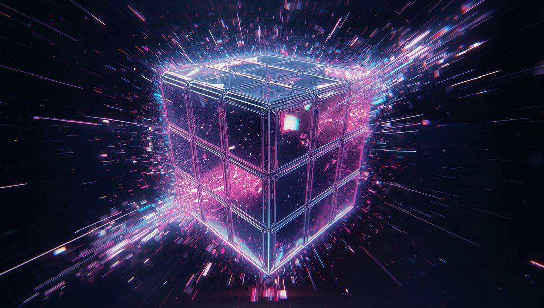 Futuristic Dissolving Glass Cube with Neon Energy Particles