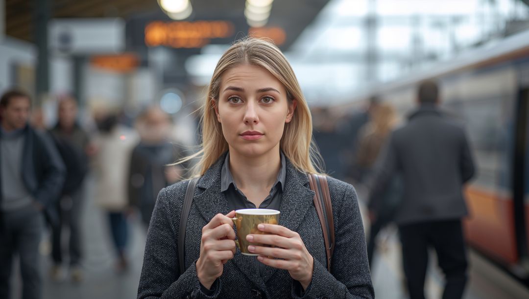 Pensive Commuter Holding Coffee Cup on Busy Train Platform During Morning Commute