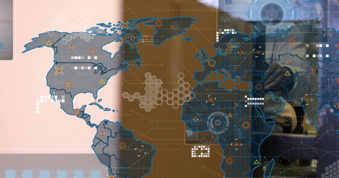 Global data network overlaying control console with hex grid, HUD markers and world map