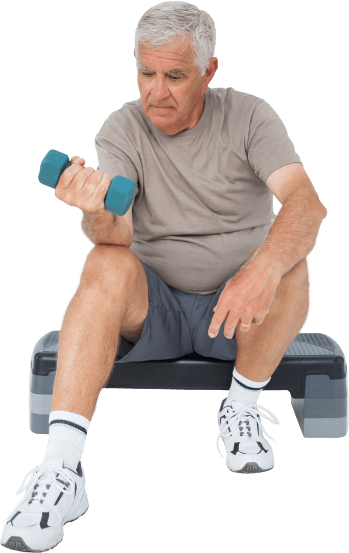 Senior Man Lifting Dumbbell in Transparent Background for Fitness