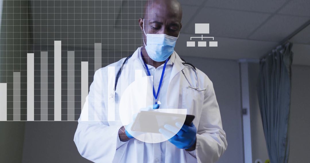 Doctor Analyzing Medical Data on Tablet with Chart Overlay