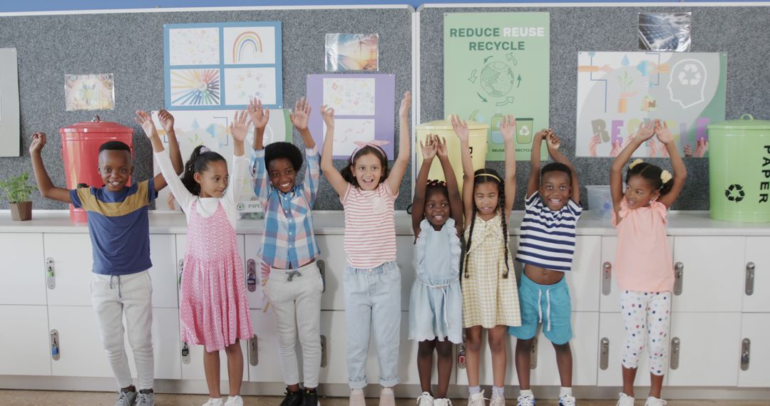 Diverse Happy Children Celebrating Recycling in Classroom - Free Images, Stock Photos and Pictures on Pikwizard.com