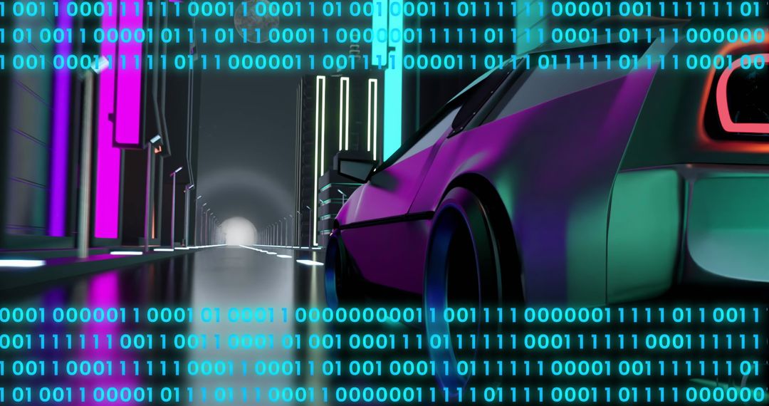 Digital Revolution: Binary Code Over Futuristic Car