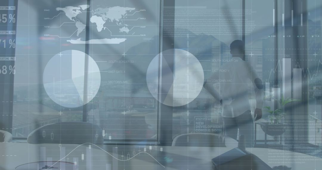 Businessman Analyzing Financial Data with Global Interface Overlay