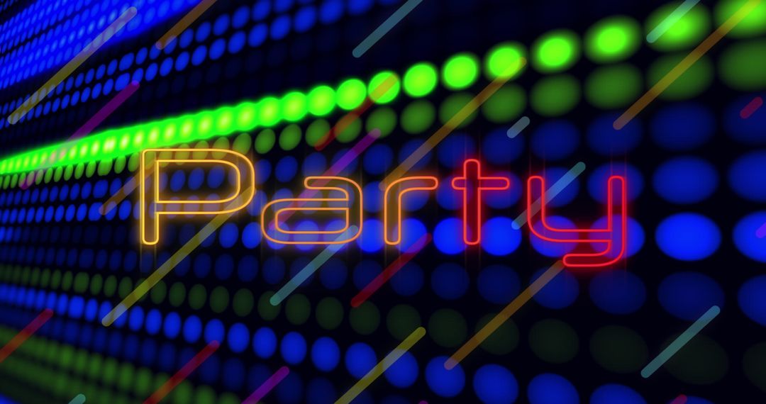 Neon Party Text with Glowing Blue and Green Dots