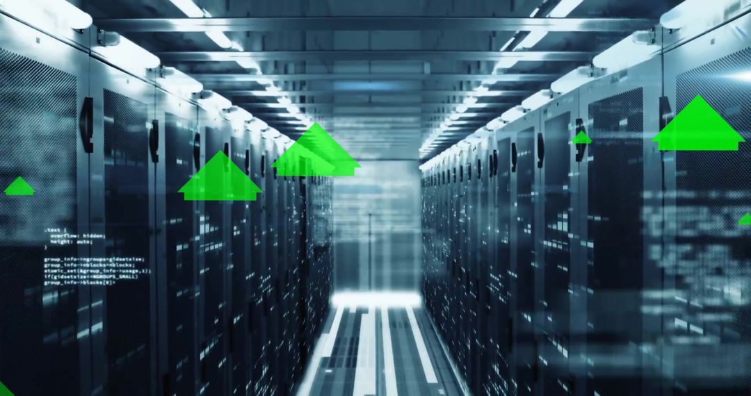 Data Flow in Server Room with Digital Arrows and Analytics