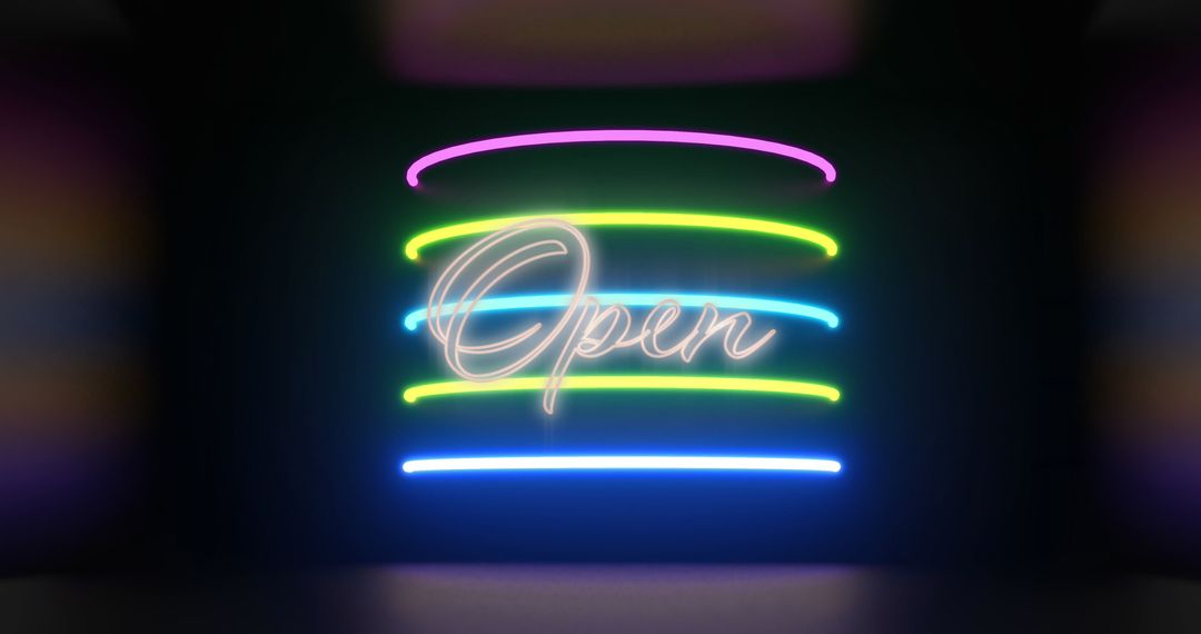 Neon 'Open' Sign with Colorful Lights on Black Background