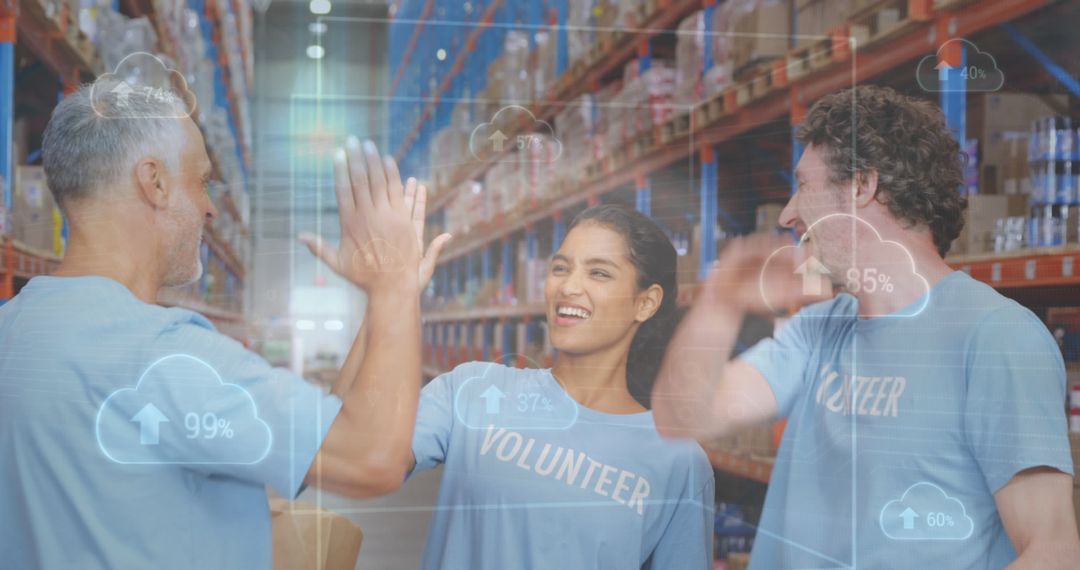 Volunteers High Fiving in Warehouse with Digital Data Overlay