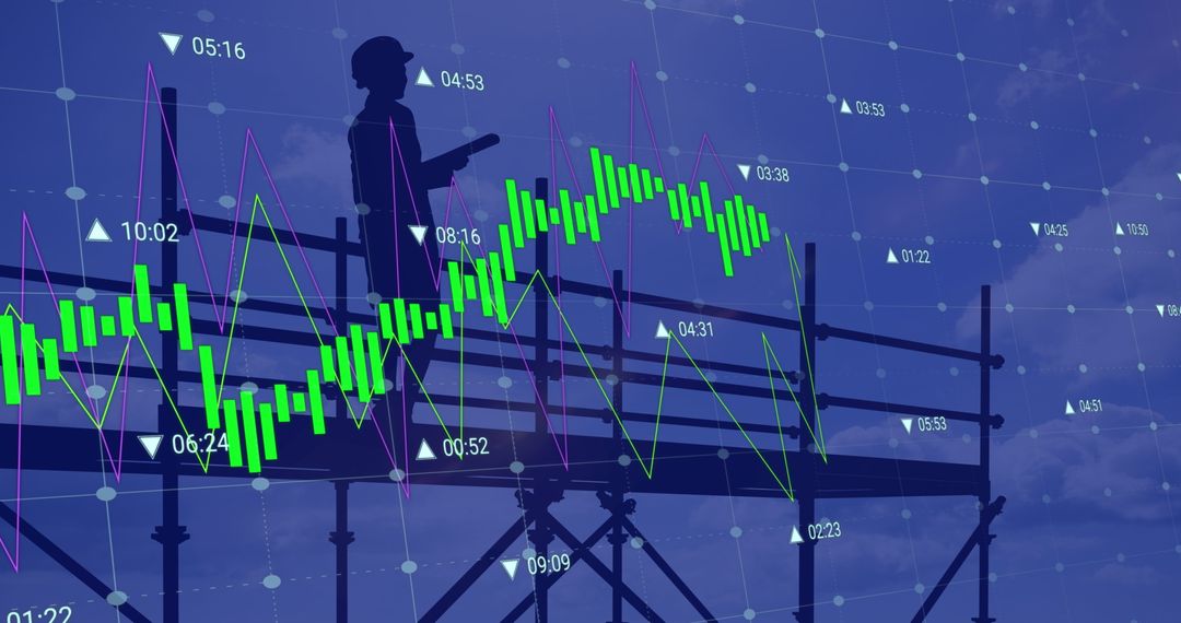 Female Architect Analyzing Data Trends on Scaffolding