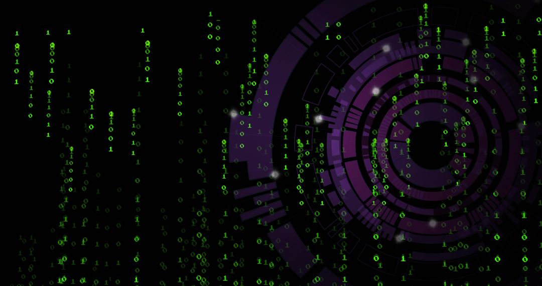 Futuristic Binary Code Screen with Purple Interface Rings