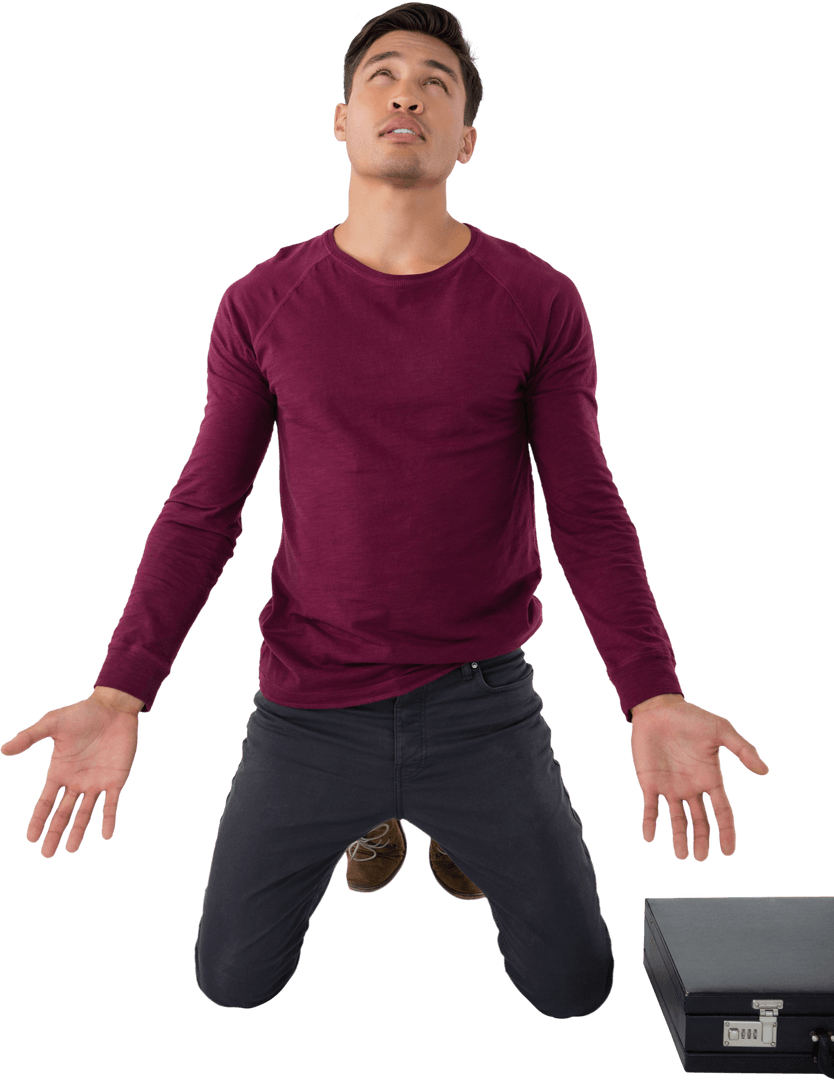 Businessman Pleading in Desperation with Transparent Background