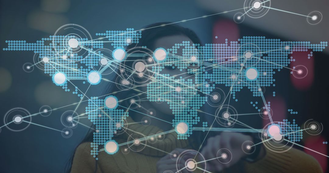 Woman Engaging Digital World Map with Glowing Nodes in Futuristic Laboratory