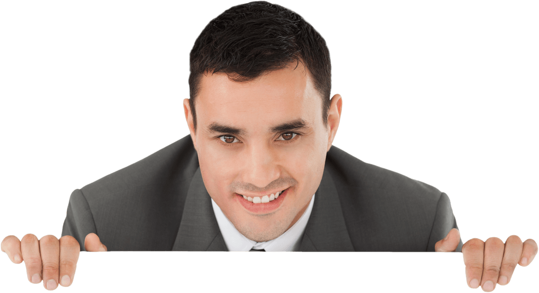 Smiling Businessman Holding Transparent Blank Card Mockup