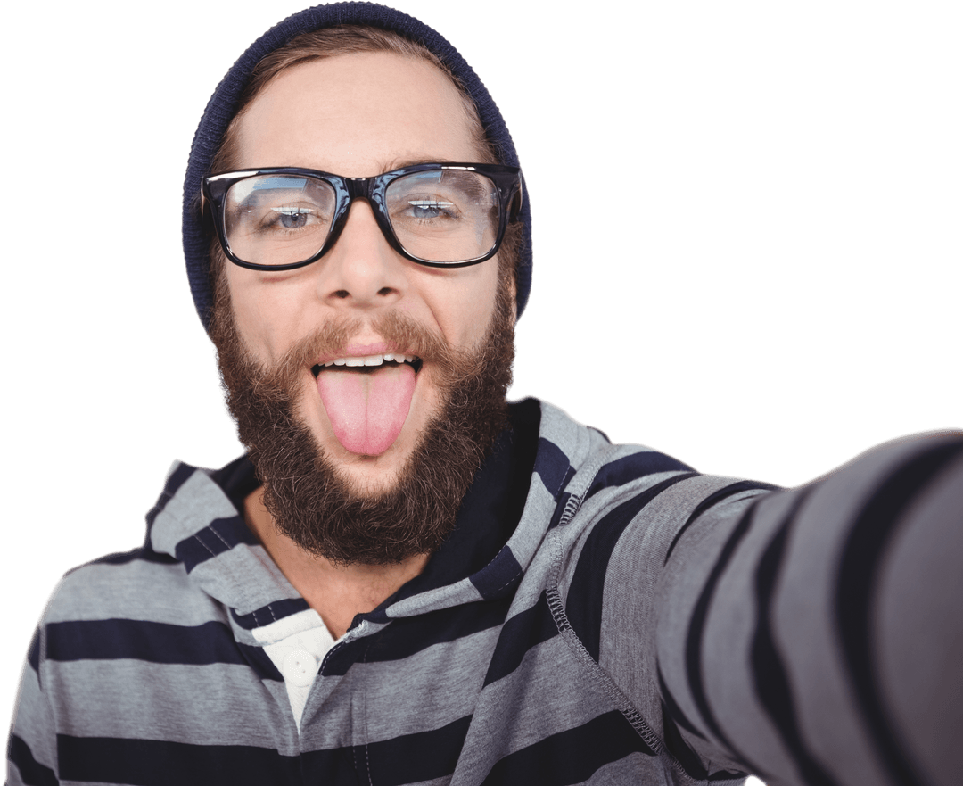 Playful Hipster Man in Transparent Background with Striped Hoodie