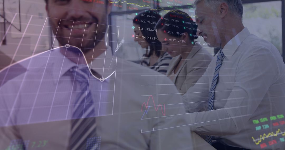 Business Team Review Financial Data with Technology