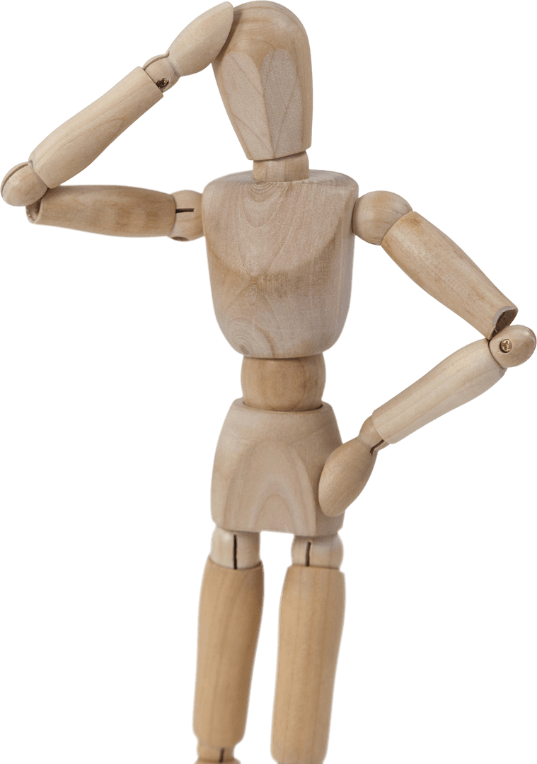 Transparent Wooden Mannequin Holding Head in Confusion Pose