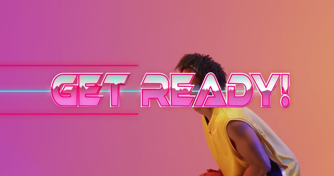 Neon Text Overlay on Basketball Player Background Design