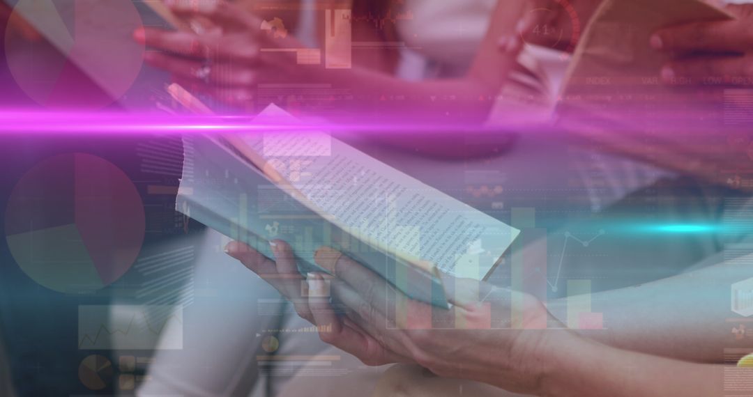 People Reading Books with Futuristic Digital Data Overlay
