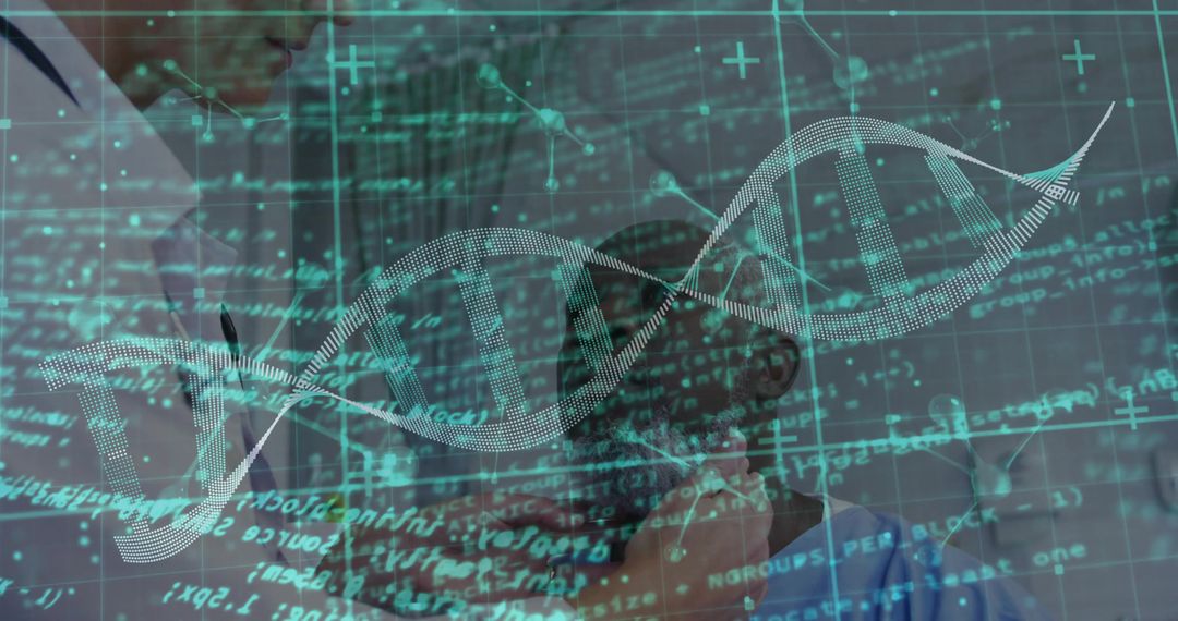 Digital DNA Helix with Doctors Discussing Medical Data on Phone