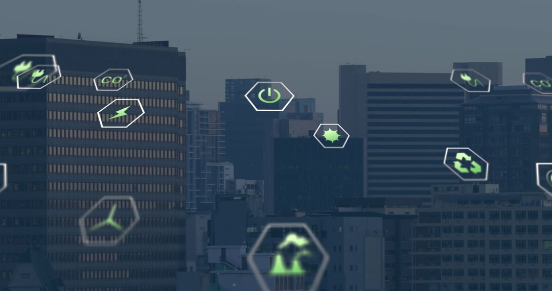 Tech Icons Overlay on Urban Cityscape Skyscrapers