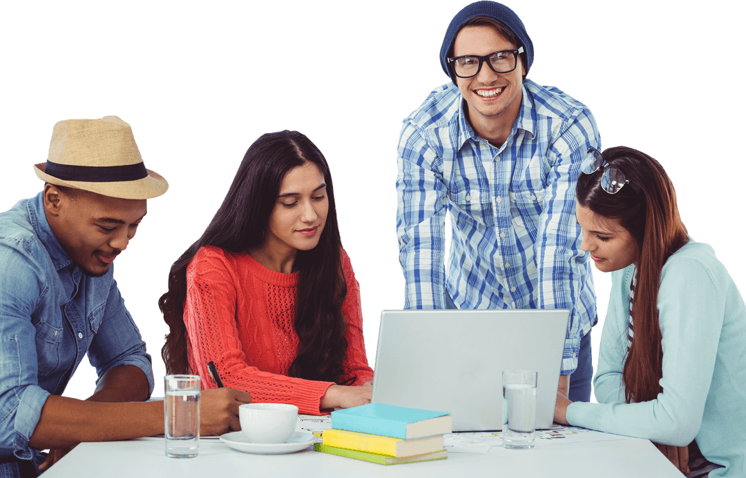 Diverse Creative Team Collaborating at Modern Office Desk, Transparent Background