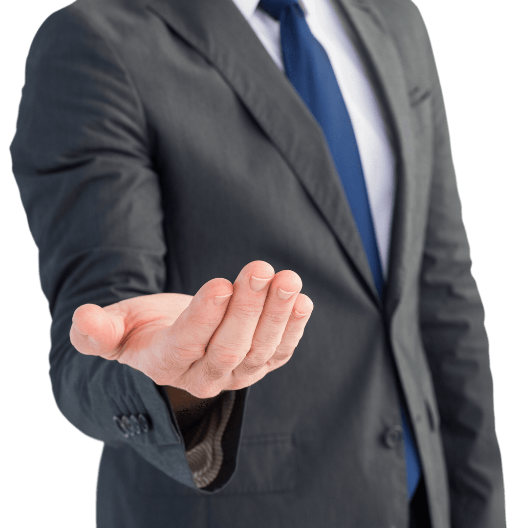 Businessman Extending Open Hand Gesture on Transparent Background