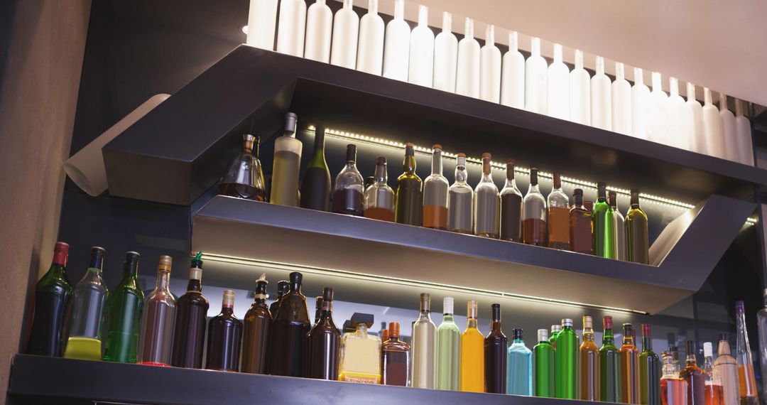 Bar Interior with Row Display of Liquor Bottles on Shelves