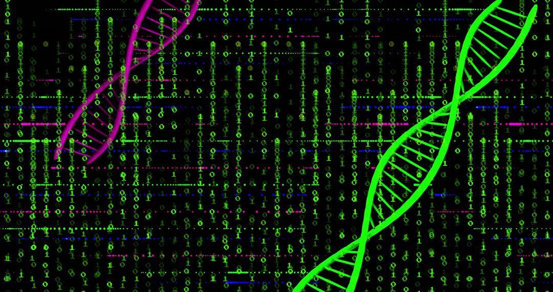 Neon DNA Helix with Binary Code Background in Cyberpunk Style