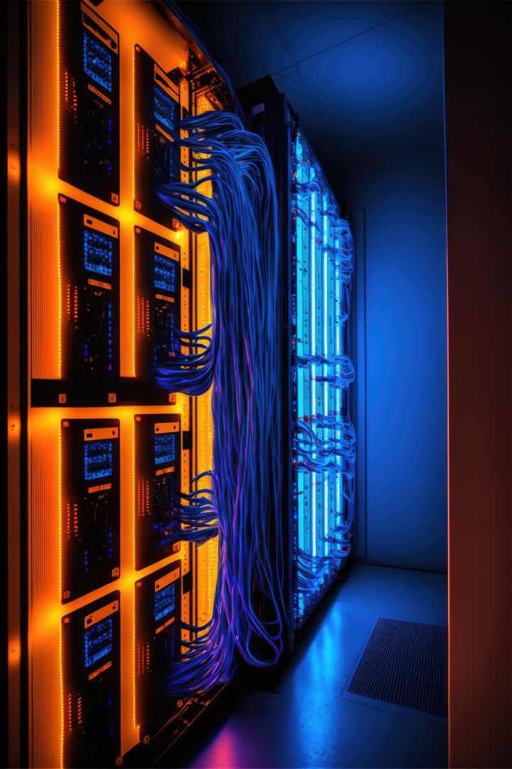 Glowing Server Room with Colorful Cable Connections - Free Images, Stock Photos and Pictures on Pikwizard.com