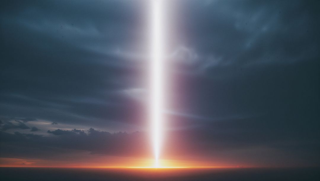 Ethereal Vertical Light Beam Highlighting Ocean at Dusk