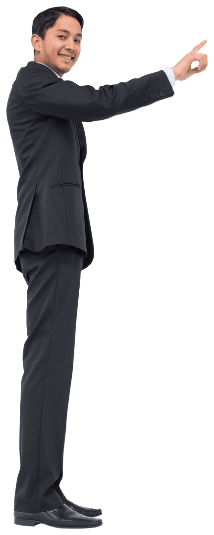 Smiling Businessman Pointing Upwards on Transparent Background