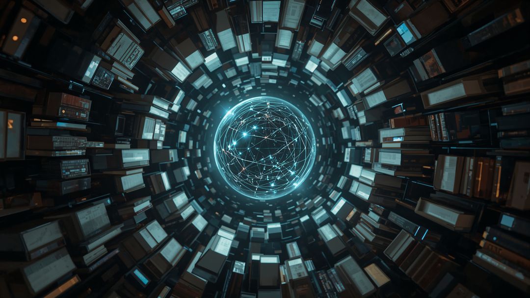 Futuristic Digital Network Sphere in Virtual Archive Space