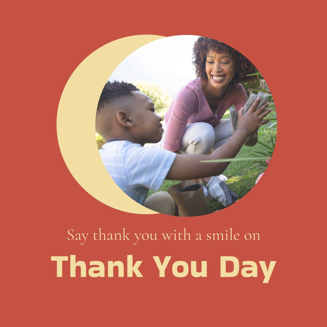 Happy Thank You Day African American Mother High Fiving Son in Garden -  Download Free Template from Pikwizard