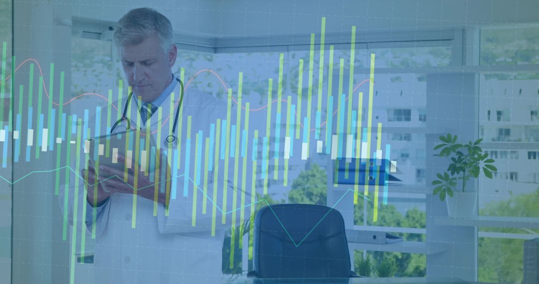 Doctor Analyzing Data on Tablet with Digital Charts Overlay