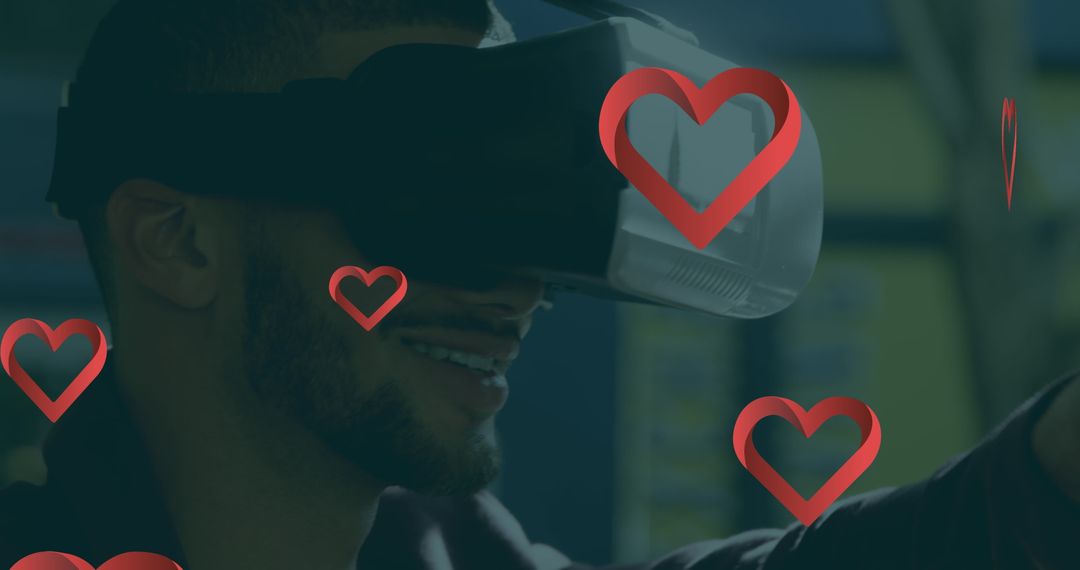 Smiling Man Using Virtual Reality Headset with Red Hearts Overlay