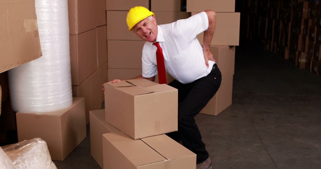 Warehouse Worker Experiencing Back Pain While Lifting Box