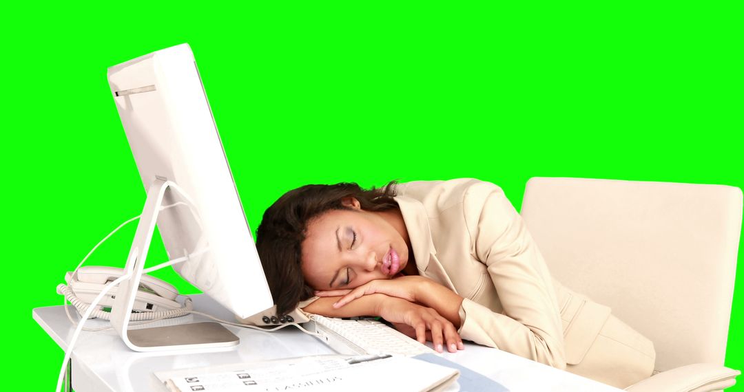 Exhausted Businesswoman Sleeping at Desk with Computer Against Green Screen - Free Images, Stock Photos and Pictures on Pikwizard.com