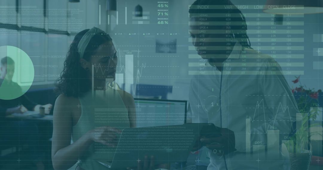 Coworkers Collaborating with Digital Data Overlays in Modern Office