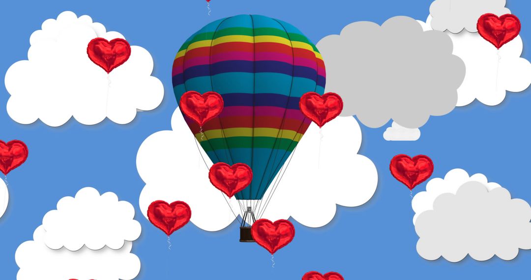 Hot Air Balloon and Heart Balloons in Cloudy Sky Concept