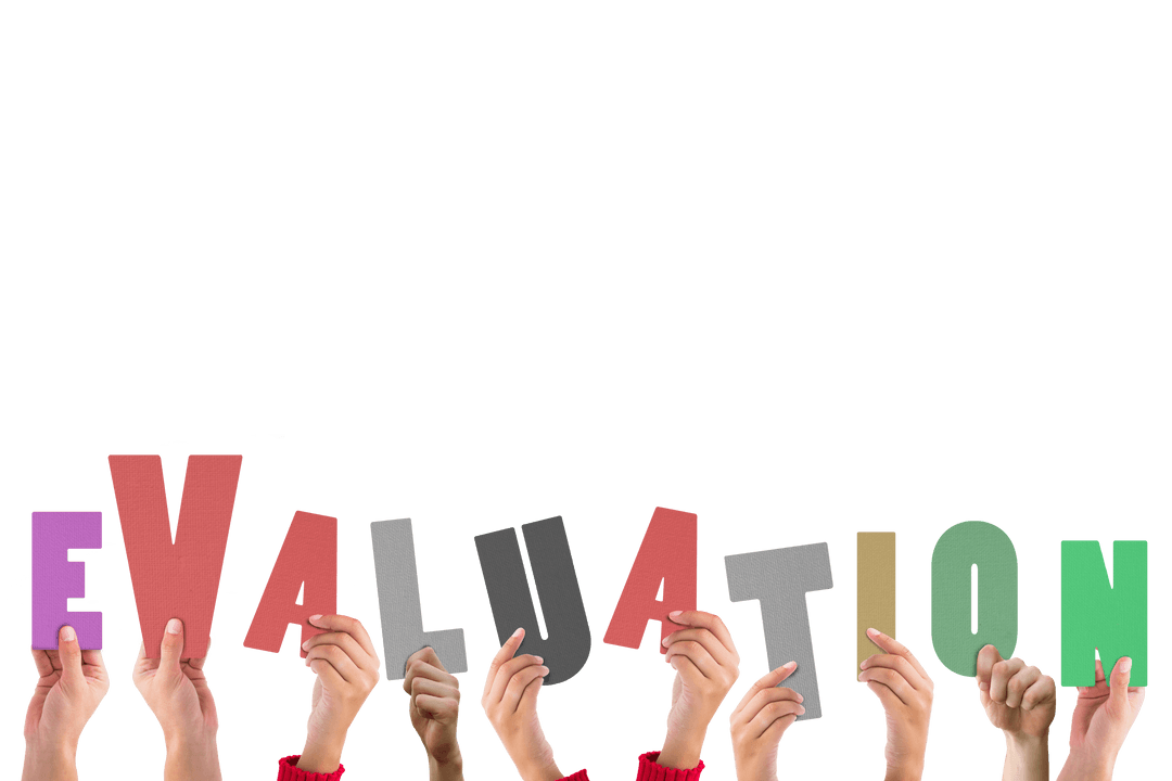 Hands Holding Colorful Evaluation Text on Transparent Background