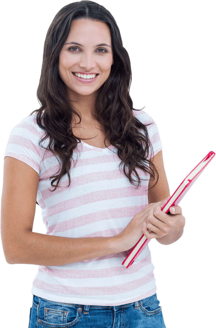 Smiling Caucasian Businesswoman on Transparent Background Holding Tablet