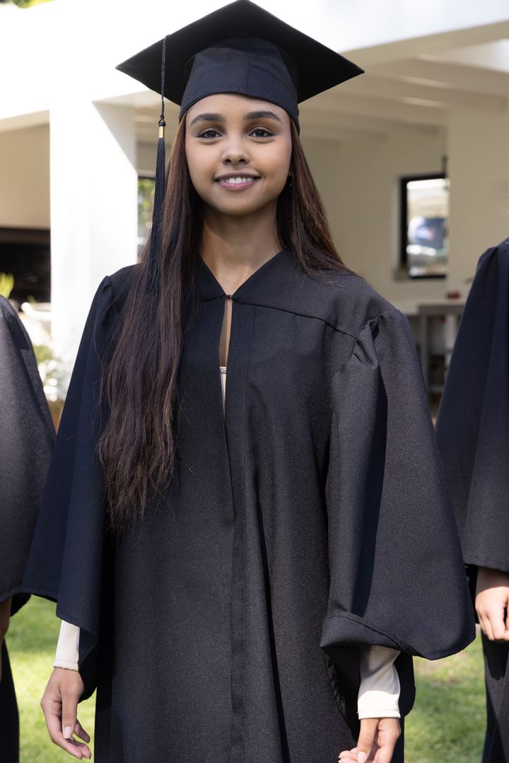 Proud Graduate in Cap and Gown Standing in University Garden